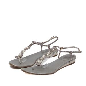 Rene Caovilla Silver Metallic Pearl & Crystal Embellished Flat Sandals – Size 37